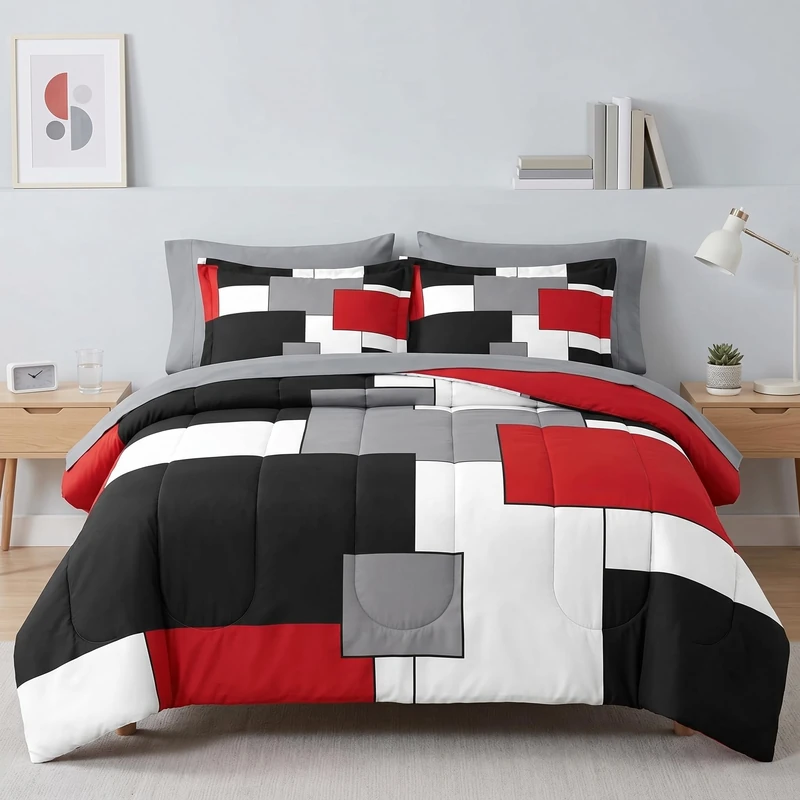 WeCozy 7 Pcs Full Size Comforter Set with 2 Pillowcases & 2 Shams, Red and Black Geometric Bedding for Kids and Adults, Colorful Abstract Bed in a Bag with Flat Fitted Sheet