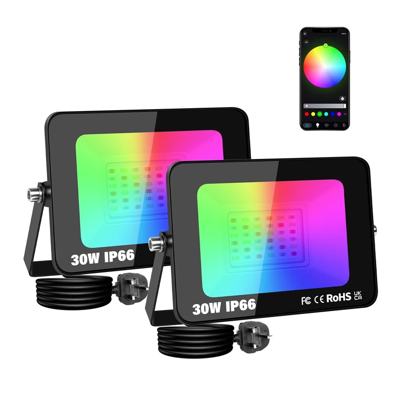 AUXTINGS 30w LED RGB Floodlight Outdoor Colour Changing,Smart Bluetooth Flood Lights with Plug, IP66 Waterproof Disco Lights Dimmable for Party Stage Garden Halloween Christmas Decorations,2 Pack
