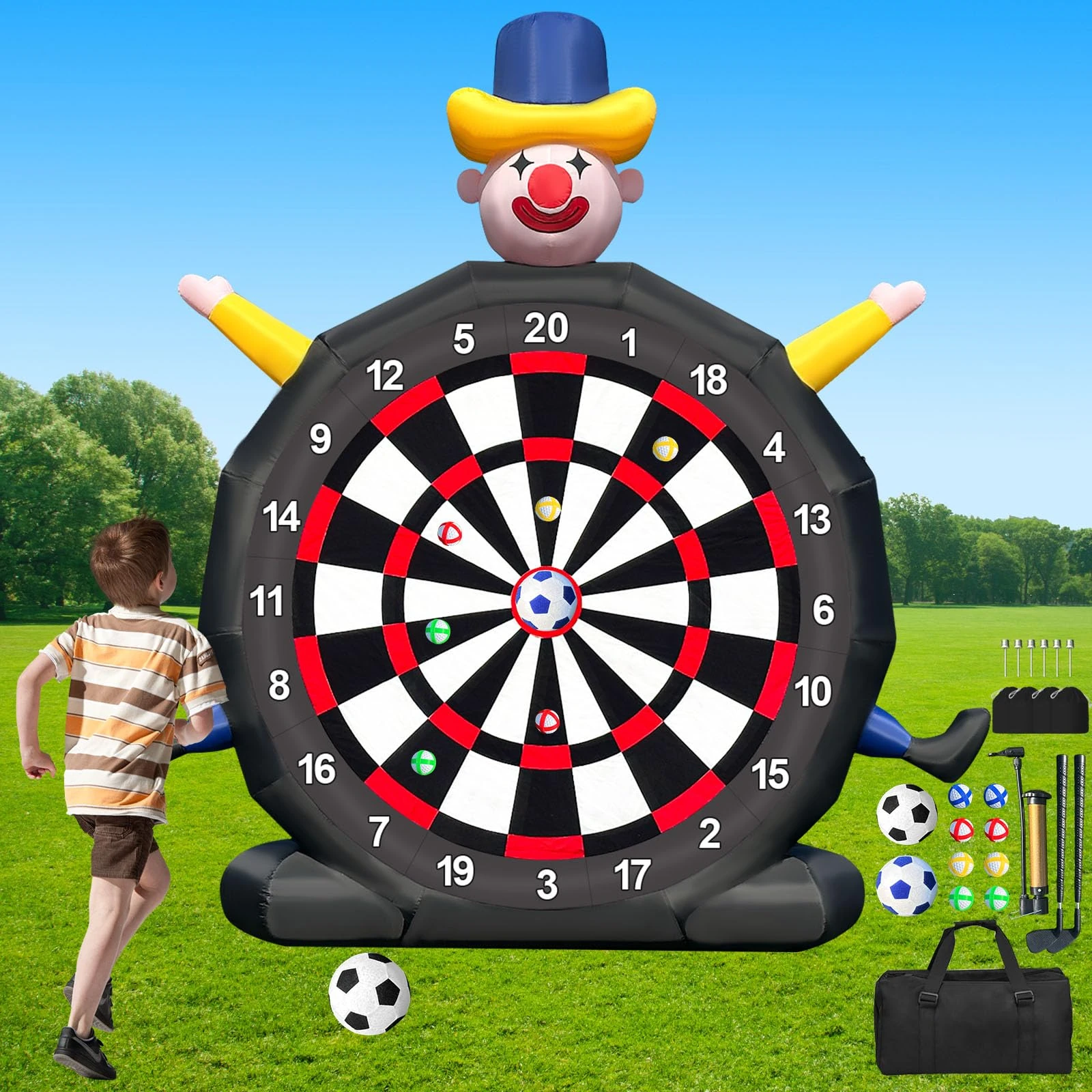 14ft Giant Inflatable Soccer Dart Board with 8 Golf Balls & 2 Soccer Balls Kickball Dartboard Soccer Darts Inflatable with 350W Blower and Air Pump for Outdoor Yard Gym Camp Sport Games