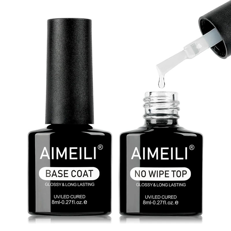 AIMEILI Gel Nail Polish No Wipe Gel Top and Base Coat Set - Shine Finish and Long Lasting Soak Off UV LED Nail Lamp Gel Base Top Coat Nail Art Design Manicure for Girls 2×8ml