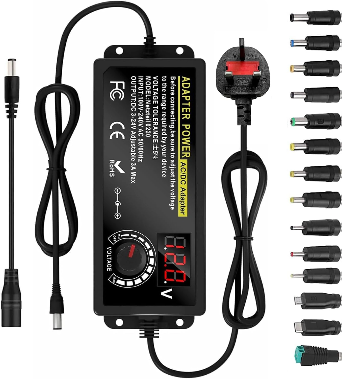 Power Supply 3A 72W Adjustable Variable AC/DC Adapter Charger, 100V-240V AC to DC 3V~24V Converter with LED Voltage Display & 14 Tips & Polarity Converter