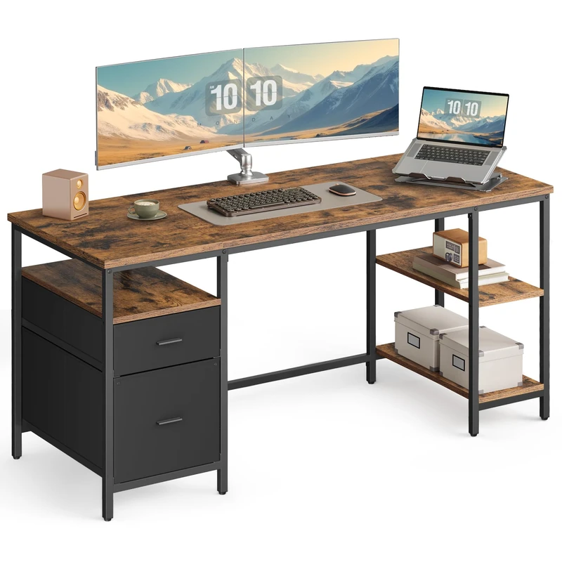 VASAGLE Computer Desk, Work Desk with Storage, 3 Shelves, 2 Drawers, 60 x 160 x 76 cm, for Home Office, Living Room, Industrial Style, Rustic Brown and Matte Black LWD105K01
