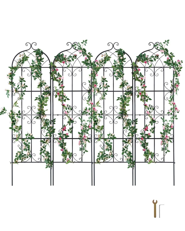 VEVOR 4 Packs Rustproof Metal Garden Flower Trellis, Outdoor Climbing Rose & Cucumber Support, Decorative Clematis Trellis for Courtyards & Lawns, Black, Rectangular, 71*20inch, Modern