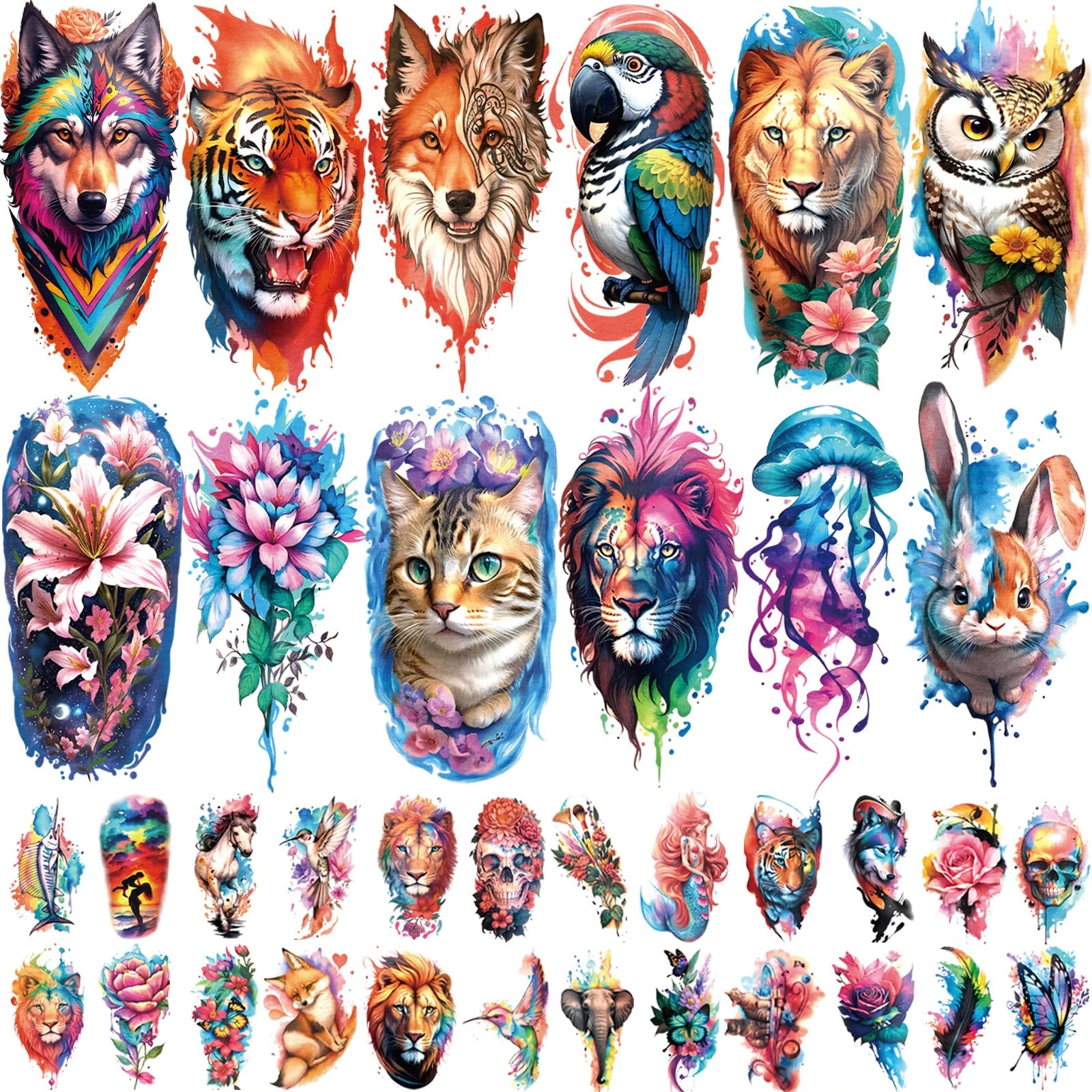 77 Sheets Half Arm Wolf Lion Tiger Cat Owl Parrot Flower Fake Tattoos Realistic Half Sleeve Body Temporary Tattoo Adult Men Women Kids Stickers