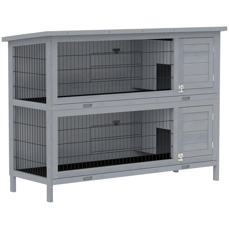 PawHut Rabbit Hutch with Asphalt Roof and No-Leak Trays - Grey