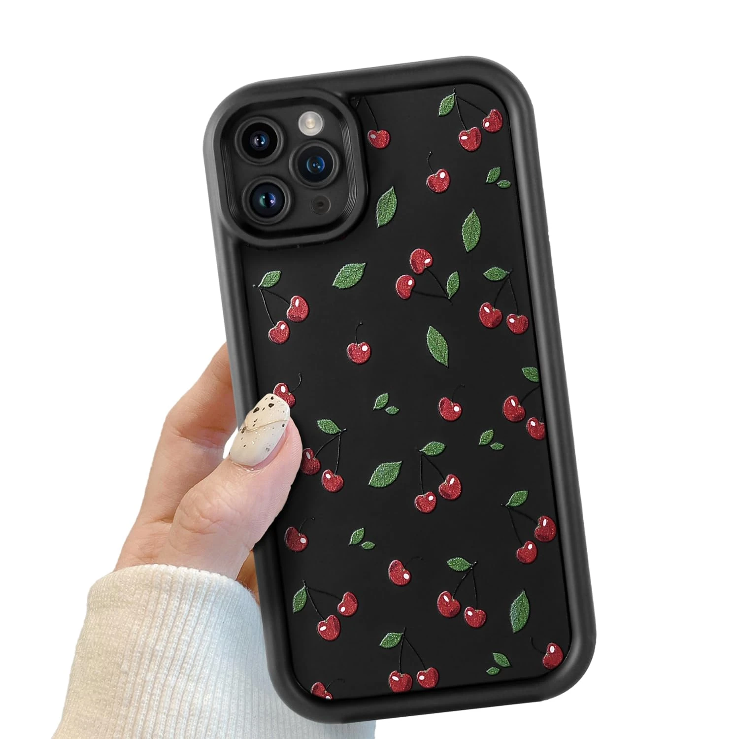 Black Cute Cherry Phone Case for iPhone 11 Pro, Cute Red Cherry Pattern Shockproof Bumper Phone Case for Women Girls, Soft TPU Slim Girly Cute Protective Cover for iPhone 11 Pro