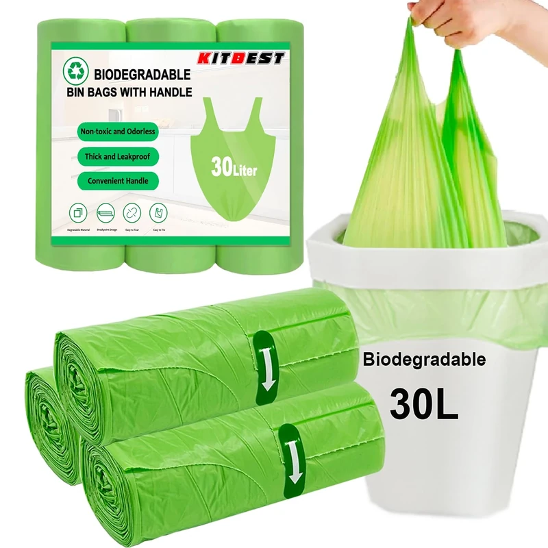 KITBEST 60 Bin Liners 30L, Biodegradable Food Waste Bags with Drawstring Tie Handle, Strong Green Trash Caddy Bag, Compostable Swing Garbage Bags for Bathroom Office Toilet Kitchen (60x75cm)