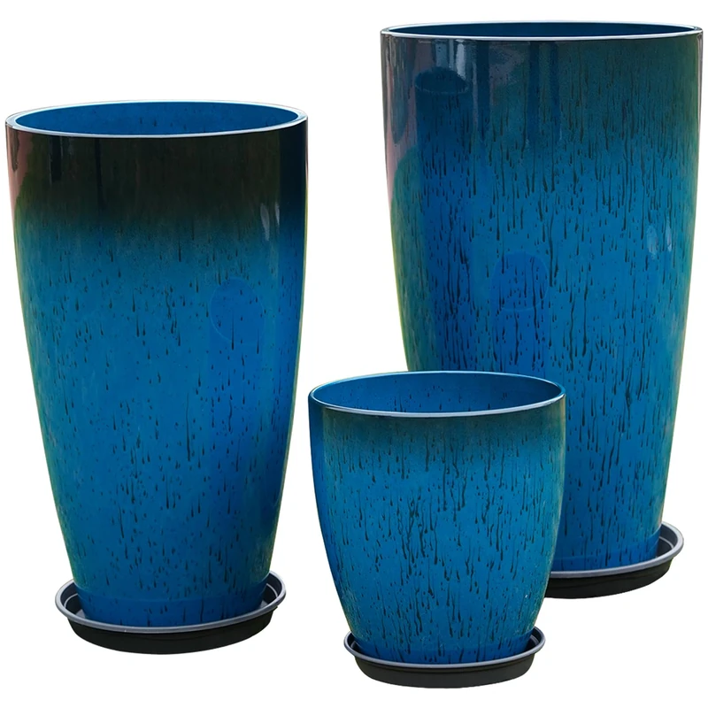 24,21,11 Inch Large Plastic Planters with Drainage Hole and Saucer - Set of 3 Tall Plant Pots Indoor Flower Pot Tall Round Planters Outdoor Large Tall Planter