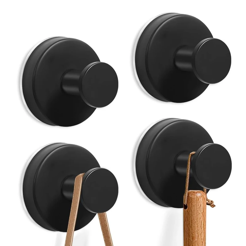 4PCS Black Suction Cup Hooks Stainless Waterproof, Large Suction Hook for Hanging,No drill Suction Heavy Duty Vacuum Adhesive Hooks for Shower Bathroom Kitchen Glass Door Window(Hang up to 22LBS)