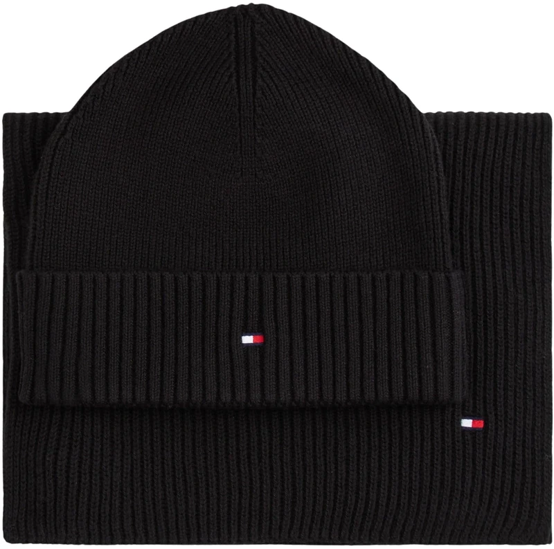 Tommy Hilfiger Men’s Flag Hat and Scarf Gift Set, Black (Black), One Size