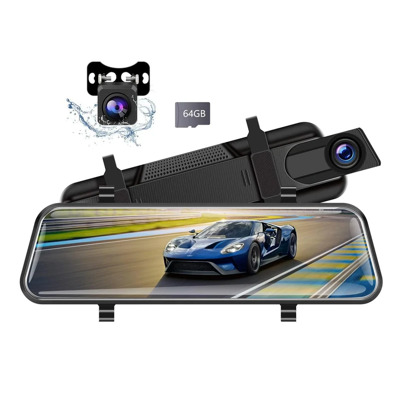 Mirror Dash Cam Backup Camera, 10'' 1440P Full HD Smart Rear View Mirror Camera, Dash Cam Front and Rear for Car with Night Vision, Parking Assistance, 64GB Card Included