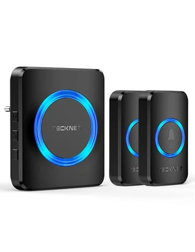 TECKNET Wireless Bell, IP65 Wireless Bell Outdoor Waterproof Wireless Doorbell Set 600 m Range, Front Door Bell Kit with 1 Plug-In Receiver and 2 Transmitters, 60 Melodies Doorbell with LED Flash