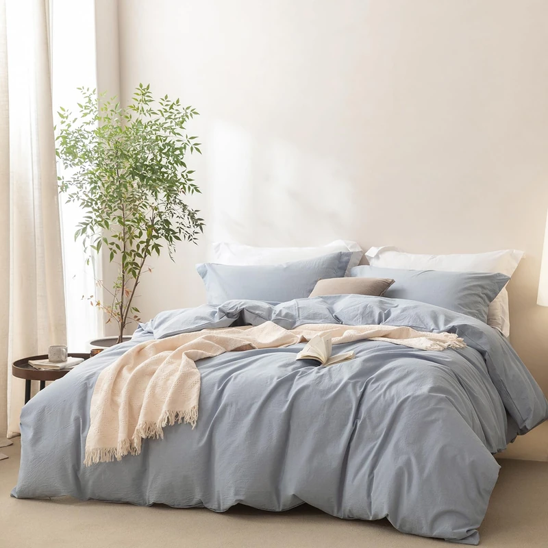 BDEAR Linen Feel Duvet Cover King Size, 100% Washed Cotton Comforter Cover 90x90inch with Zipper Closure Plus 2 Pillowcases, Solid-Cornflower Blue