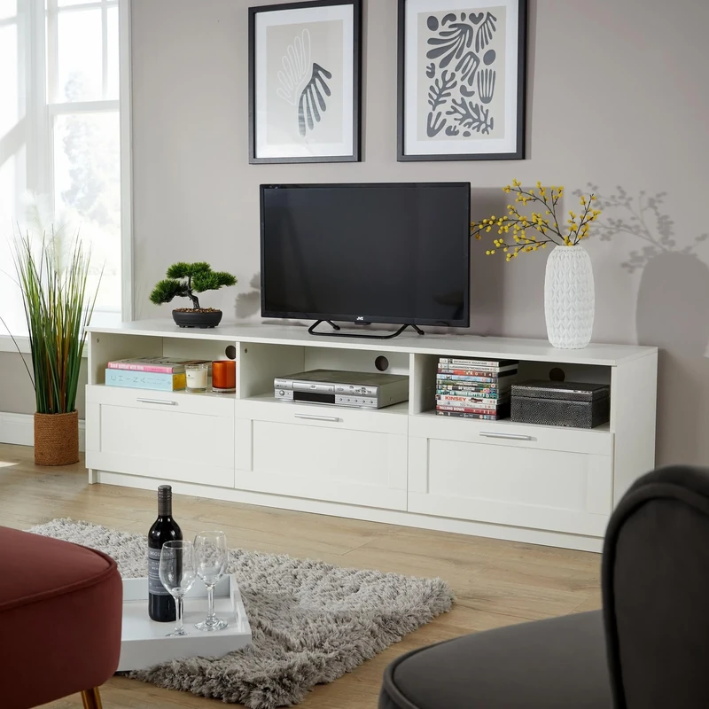 Home Source TV Media Entertainment Cabinet, 3 Storage Drawers, 3 Shelves, White, 180cm