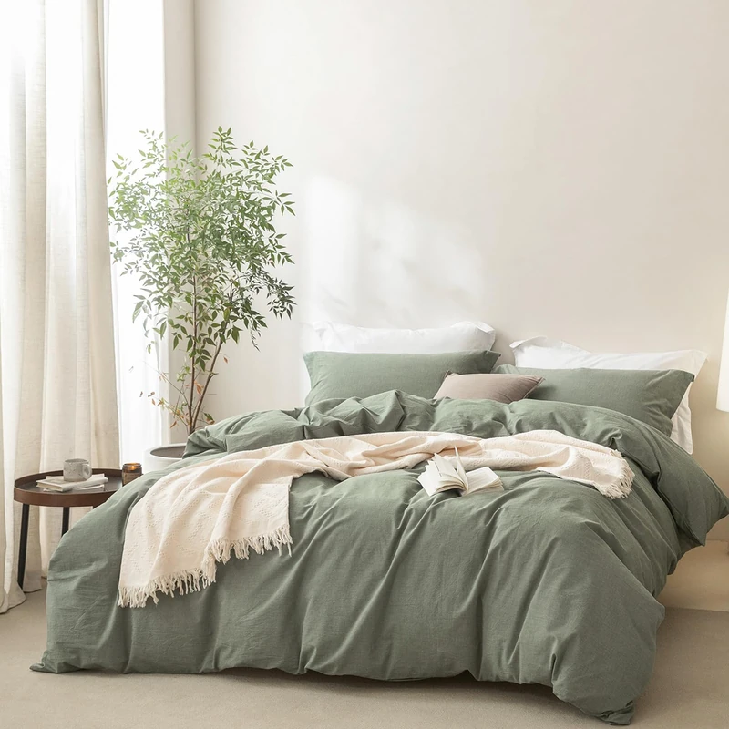 BDEAR Linen Feel Duvet Cover Queen Size, 100% Washed Cotton Comforter Cover 90x90inch with Zipper Closure Plus 2 Pillowcases, Solid-Heathered Green