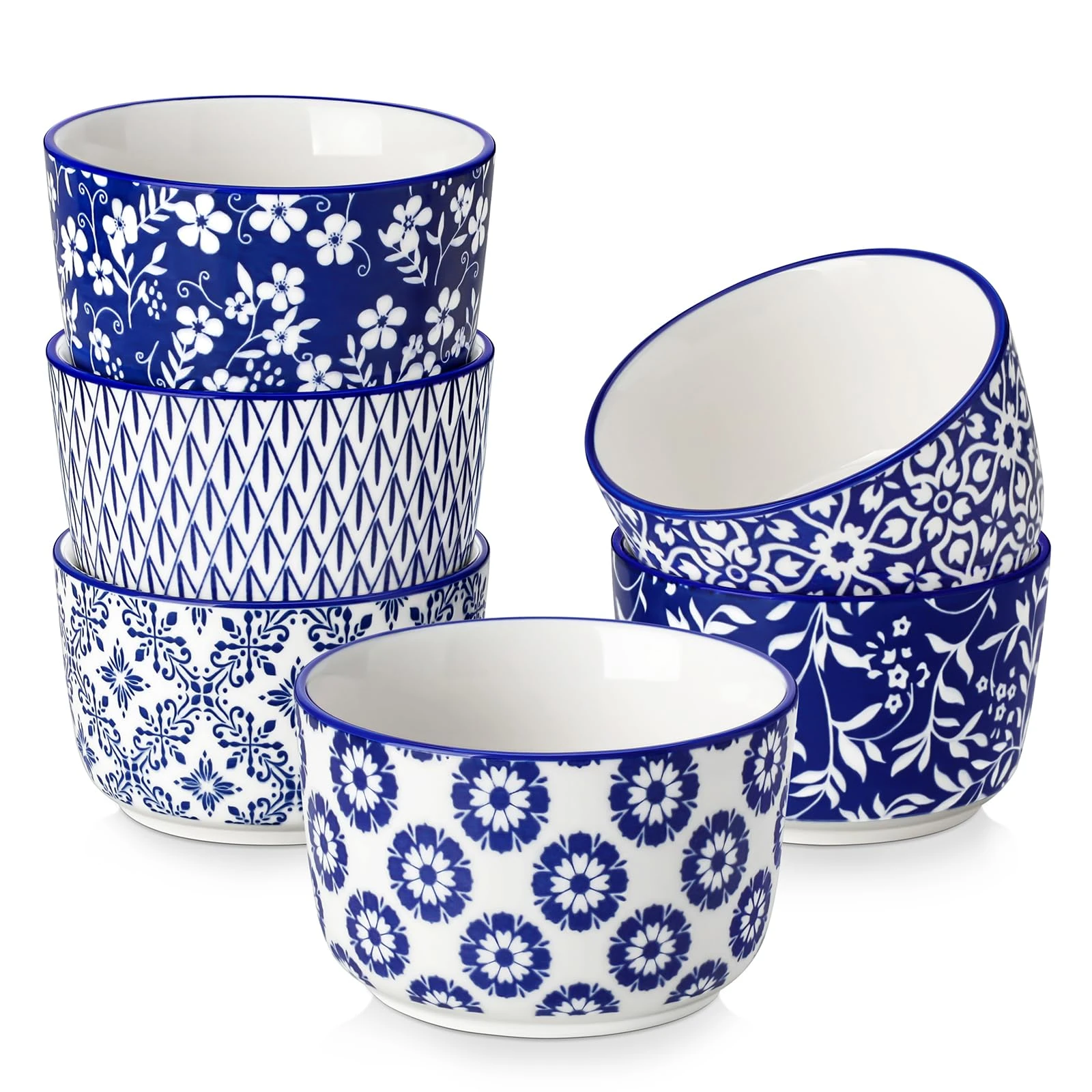 vancasso 6 oz Selene Ceramic Ramekins Set of 6, Small Souffle Cups for Baking, Desserts, Dipping Bowls, Microwave & Dishwasher Safe, Hand-Painted Blue & White Floral Design