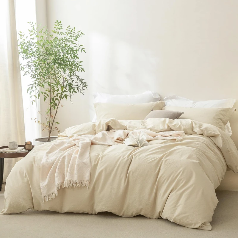 BDEAR Linen Feel Almond Milk Grey Duvet Cover Queen Size 90'' L x 90'' W, 100% Washed Cotton Duvet Cover with Zipper Closure Plus 2 Pillowcases, Oeko TEX Standard Certificated