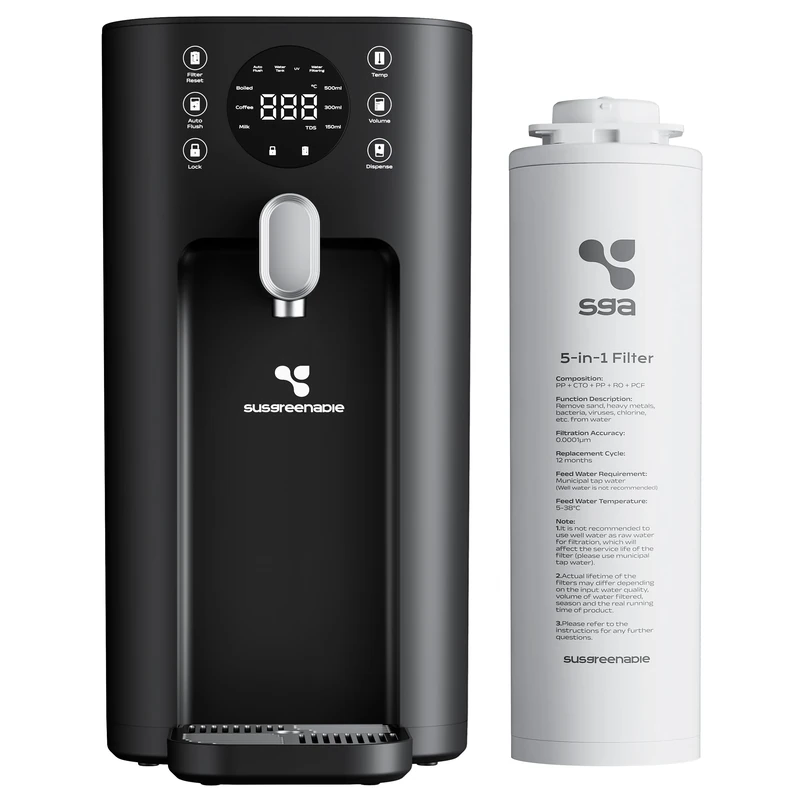 SusGreenable RO Instant Hot Water Dispenser, 100G, 4 Temp Settings, 4.3L Tank, 2300W Heating, Single 5-in-1 Filter, Desktop Watery Purifier, TDS Display, 2000L Capacity