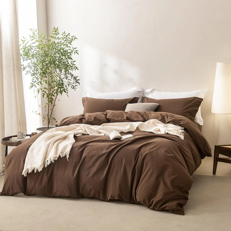 BDEAR Linen Feel Duvet Cover Queen Size, 100% Washed Cotton Comforter Cover 90x90inch with Zipper Closure Plus 2 Pillowcases, Solid-Cocoa Chocholate Brown