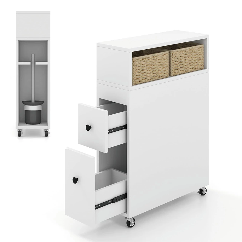 FANTASK Niche Trolley with Wheels 50 x 19 x 72 cm Drawers Wicker Baskets and Brush Holders Bathroom Cabinet Slim Toilet Cabinet Freestanding White