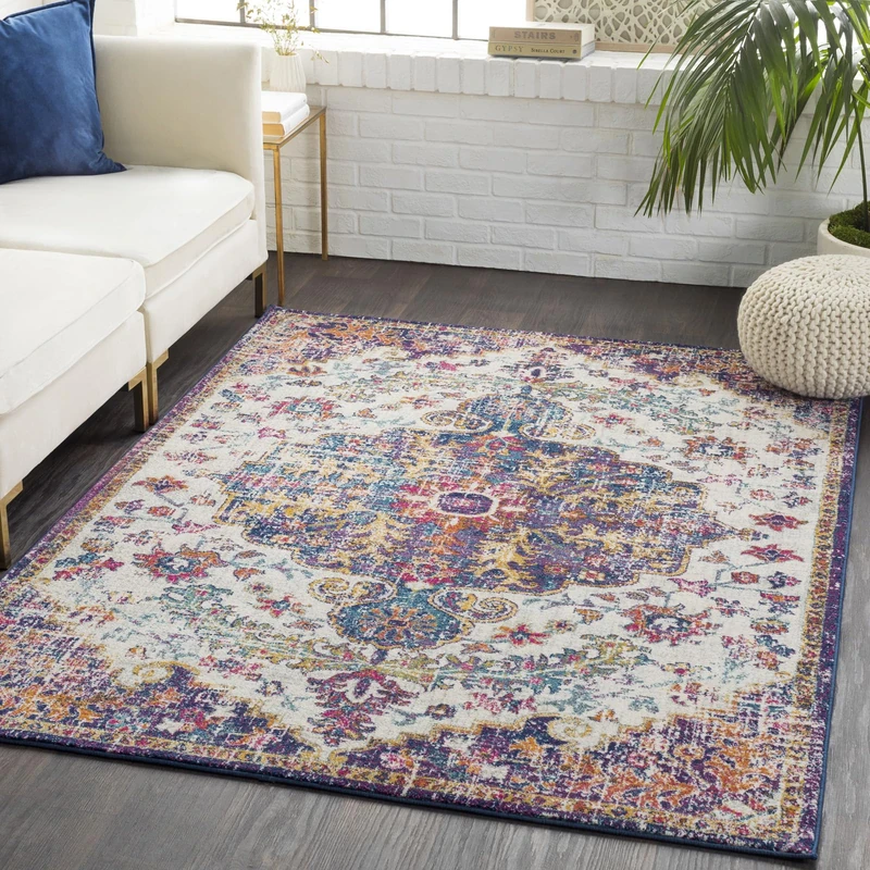 Livabliss Asmara Vintage Rug - Area Rugs for Living Room 200x275 cm, Bedroom - Scandi Neutral Rugs, Traditional Patterned Boho Style, Natural Easy Care Pile - Large Rug, Burgundy and Blue
