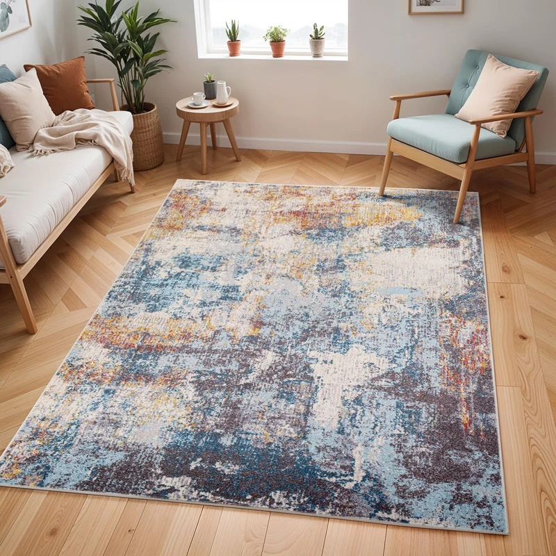Livabliss Clearwater Abstract Rug - Area Rugs Living Room 140x200 cm, Dining Room, Lounge, Kitchen, Bedroom - Modern Marble Large Rug, Soft Luxurious Easy Care Medium Pile, Blue, Ivory and Grey