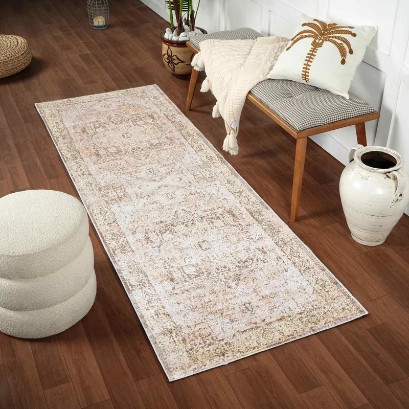 Livabliss Lusail Machine Washable - Vintage Runner Living Room, 80x220 cm - Traditional Boho Style, Dining Room, Kitchen, Outdoor, Hallway - Light Brown, Dark Brown, Coral