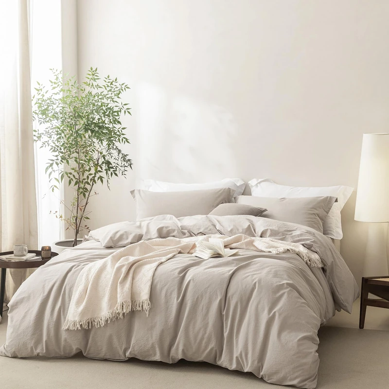 BDEAR Linen Feel Duvet Cover Queen Size, 100% Washed Cotton Comforter Cover 90x90inch with Zipper Closure Plus 2 Pillowcases, Solid-Cream Grey