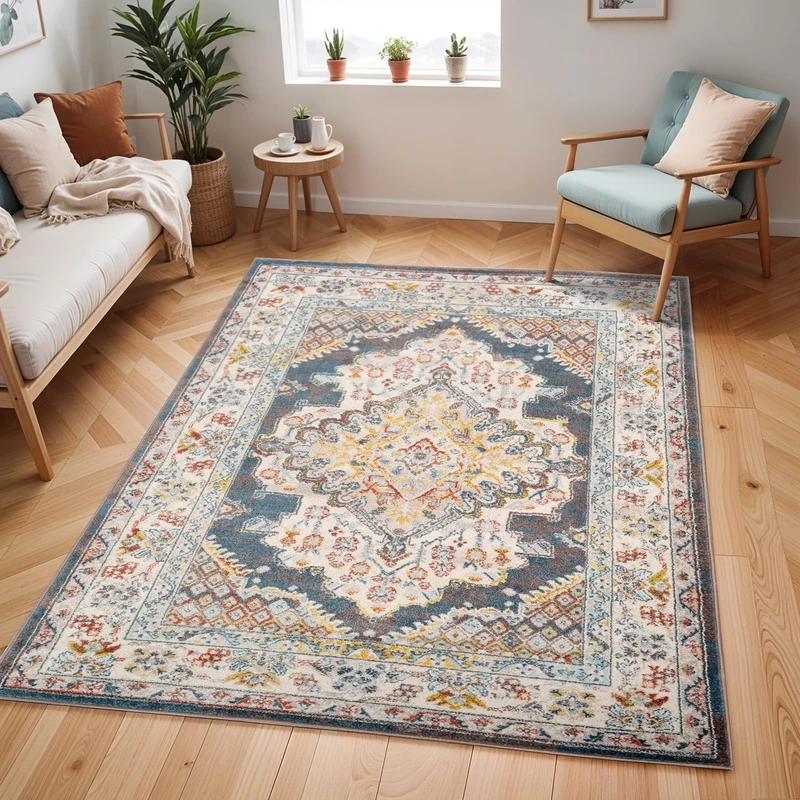 Livabliss Casablanca Vintage Rug - Area Rugs for Living Room 120x170 cm, Bedroom - Scandi Neutral Rugs, Traditional Patterned Boho Style, Natural Easy Care Pile - Large Rug, Brown and Blue