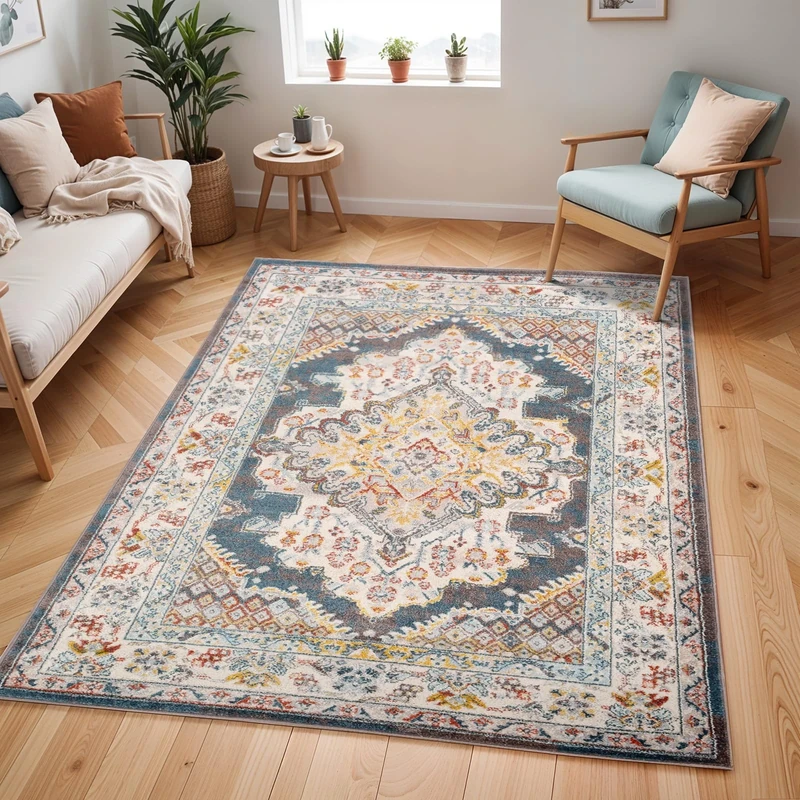 Livabliss Casablanca Vintage Rug - Area Rugs for Living Room 140x200 cm, Bedroom - Scandi Neutral Rugs, Traditional Patterned Boho Style, Natural Easy Care Pile - Large Rug, Brown and Blue