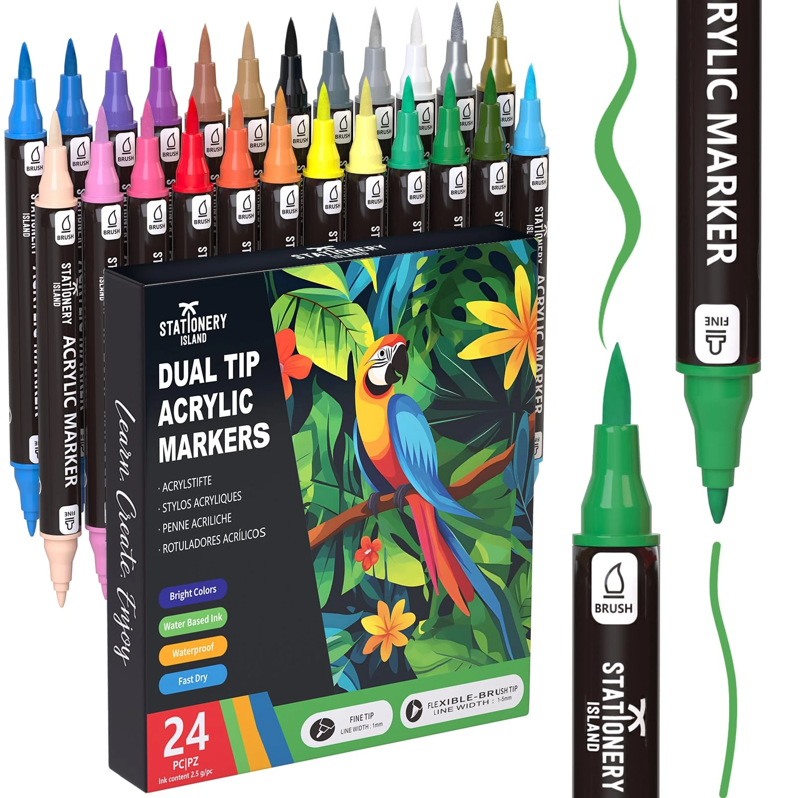 STATIONERY ISLAND Permanent Acrylic Paint Pens 24 Colours – Dual Tip Markers for Rock, Pumpkin, Stone, Glass, Ceramic, Wood & Fabric – Fine & Brush Tip Water Based Paint Pens for Halloween Crafts