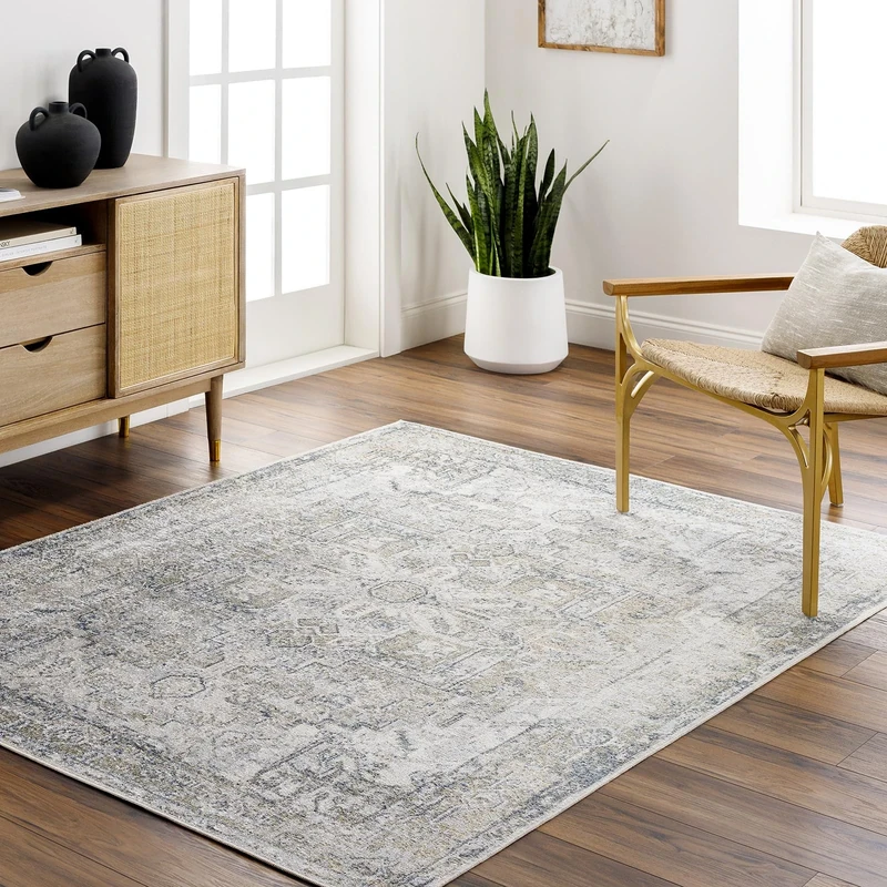 Livabliss Lusail Machine Washable - Vintage Area Living Room, Large 200x275 cm - Traditional Boho Style, Dining Room, Kitchen, Outdoor, Hallway - Grey, Ivory, Blue and Beige