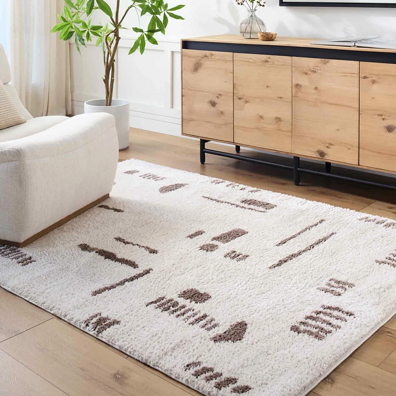 Livabliss Crampel Shaggy Rug - Modern Berber Rugs Living Room, Large 140x200 cm, Soft Shaggy Rugs for Bedroom - Neutral Boho Fluffy Rug, Easy Care Plush Thick Pile - Light Beige, Dark Brown