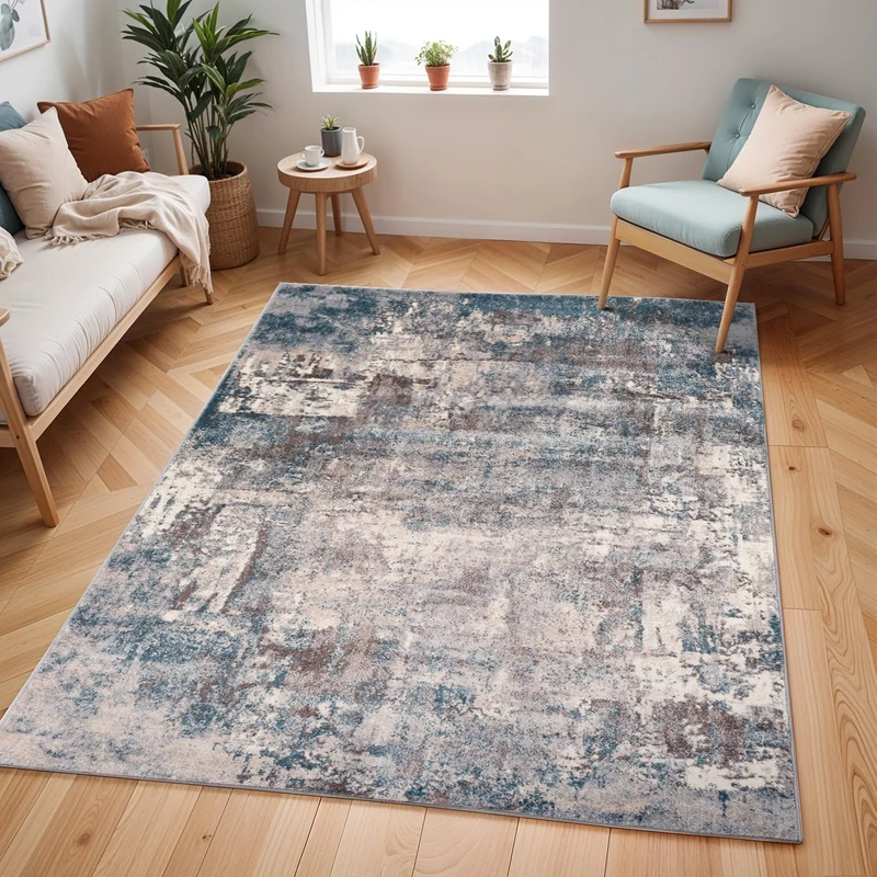 Livabliss Miami Abstract Rug - Area Rugs Living Room 140x200 cm, Dining Room, Lounge, Kitchen, Bedroom - Modern Marble Large Rug, Soft Luxurious Easy Care Medium Pile, Blue, Grey and Taupe