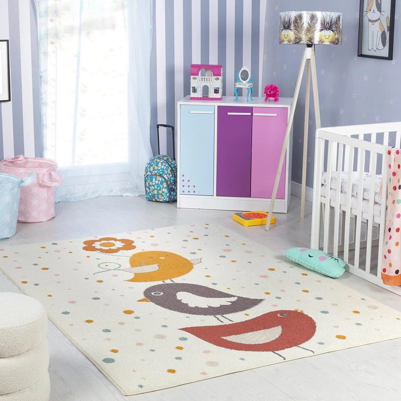 Livabliss Birds Kids Rug - Childrens Rugs for Bedroom 140x200 cm, Animal Kids Carpet for Girls and Boys Bedroom, Playroom and Nursery Rugs, Baby Rug for Girl or Boy Room, Ivory, Mustard, Pink