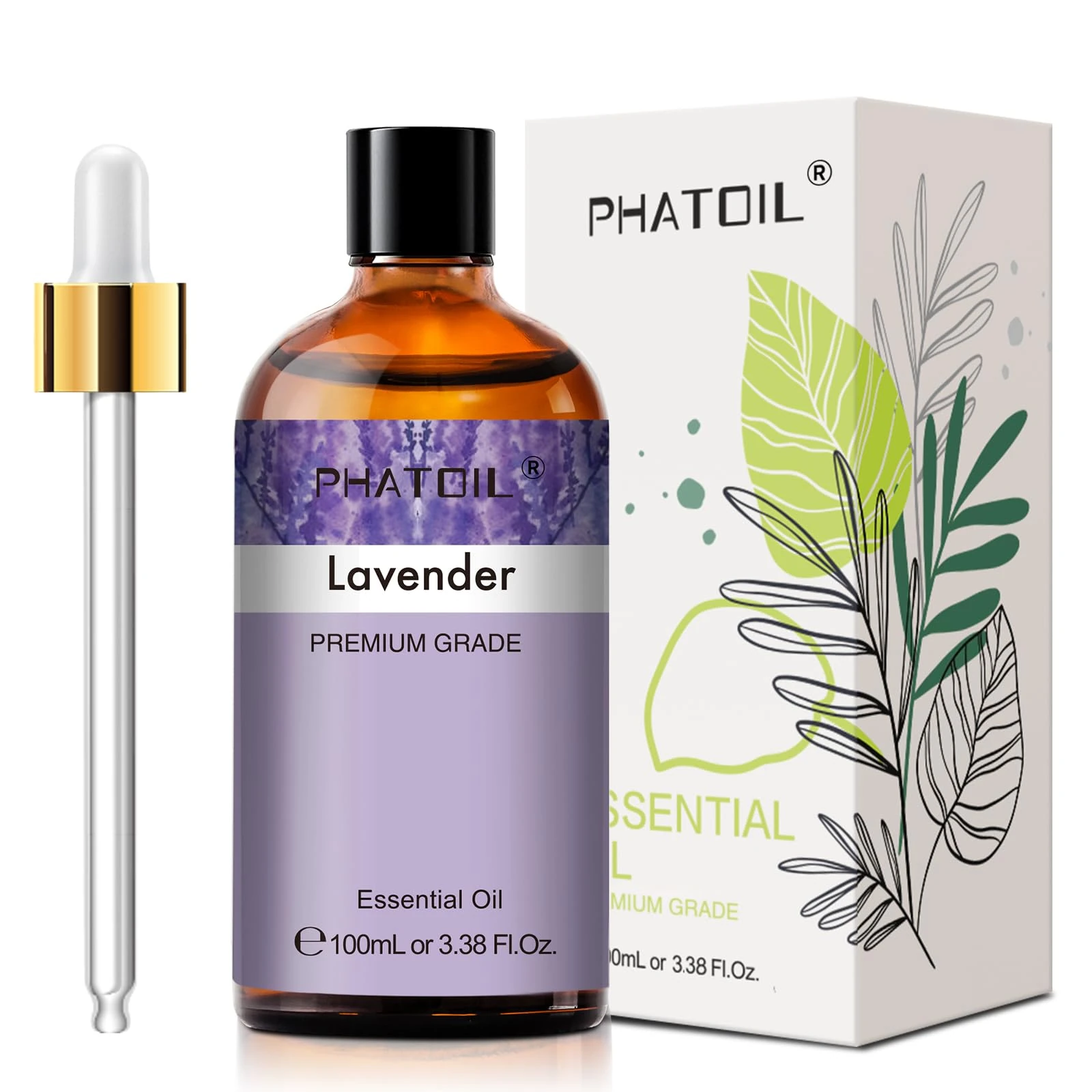 PHATOIL Lavender Essential Oil 100ml, 100% Natural & Pure Premium Graded Lavender Essential Oils for Diffusers, Humidifiers, Aromatherapy, Skin Hair Care and Candle Soap Making