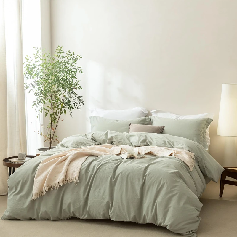 BDEAR Linen Feel Sage Green Duvet Cover Queen Size 90'' L x 90'' W, 100% Washed Cotton Duvet Cover with Zipper Closure Plus 2 Pillowcases, Oeko TEX Standard Certificated