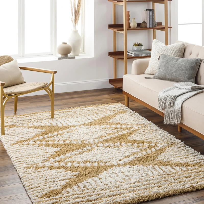 Livabliss Tuzla Shaggy Rug - Modern Berber Rugs Living Room, Large 130x170 cm, Soft Shaggy Rugs for Bedroom - Neutral Boho Fluffy Rug, Easy Care Plush Thick Pile - Mustard and White