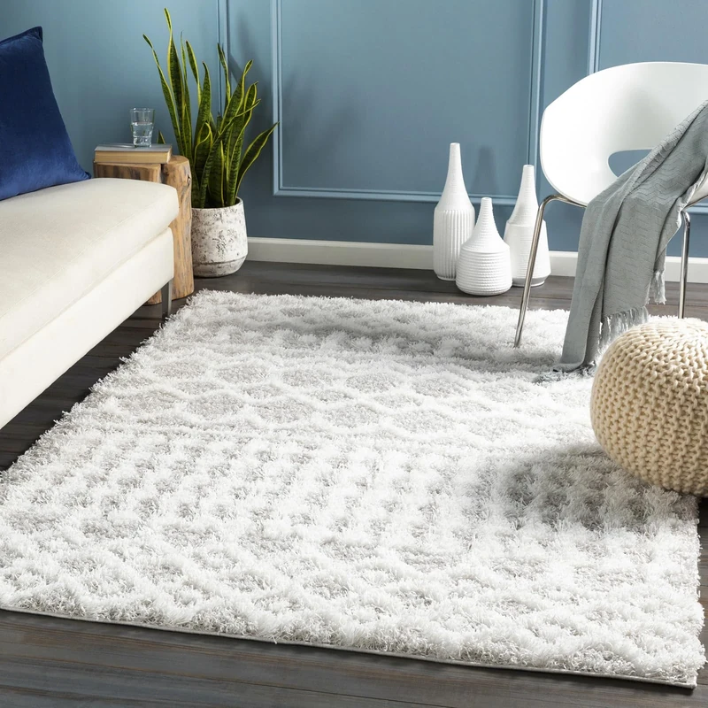 Livabliss Dubai Shaggy Rug - Modern Berber Rugs Living Room, Large 200x290 cm, Soft Shaggy Rugs for Bedroom - Neutral Boho Fluffy Rug, Easy Care Plush Thick Pile - White and Light Grey