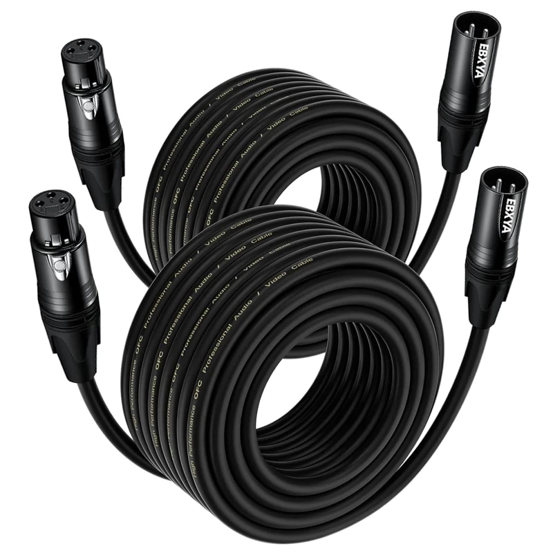 EBXYA XLR Microphone Cable 20M/65.6ft 2-Pack, 3-Pin Balanced Shielded Mic Cord Black- for Podcast Studio, Live Sound, PA Systems, Stage Speakers - Professional Audio Equipment