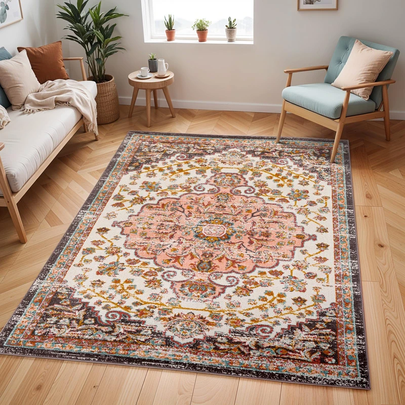 Livabliss Bray Vintage Rug - Area Rugs for Living Room 120x170 cm, Bedroom - Scandi Neutral Rugs, Traditional Patterned Boho Style, Natural Easy Care Pile - Large Rug, Brick Red and White