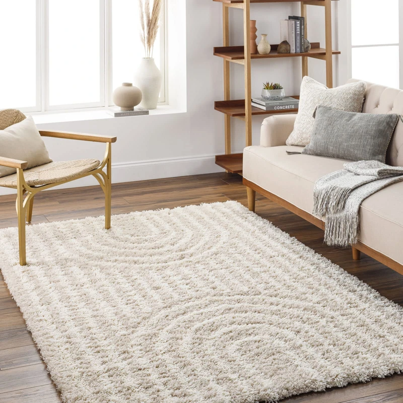 Livabliss Kalba Shaggy Rug - Modern Berber Rugs Living Room, Large 130x170 cm, Soft Shaggy Rugs for Bedroom - Neutral Boho Fluffy Rug, Easy Care Plush Thick Pile - Light Beige and White
