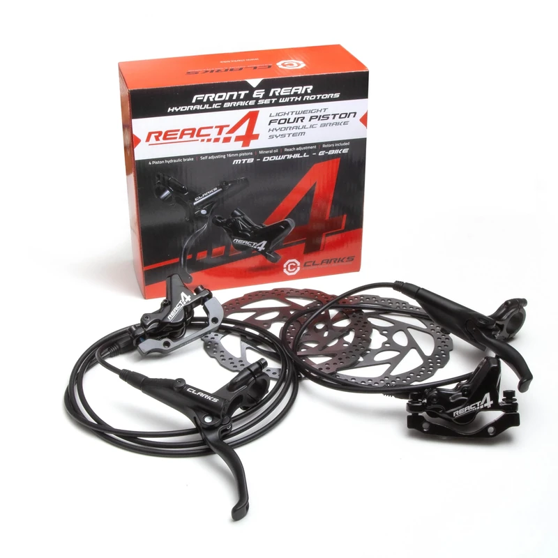 Clarks Cycle Systems React-4 Piston Front & Rear Hydraulic Disc Brake Set, Black, 203/180mm