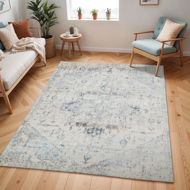 Livabliss Tampa Vintage Rug - Area Rugs for Living Room 140x200 cm, Bedroom - Scandi Neutral Rugs, Traditional Patterned Boho Style, Natural Easy Care Pile - Large Rug, Blue and Cream