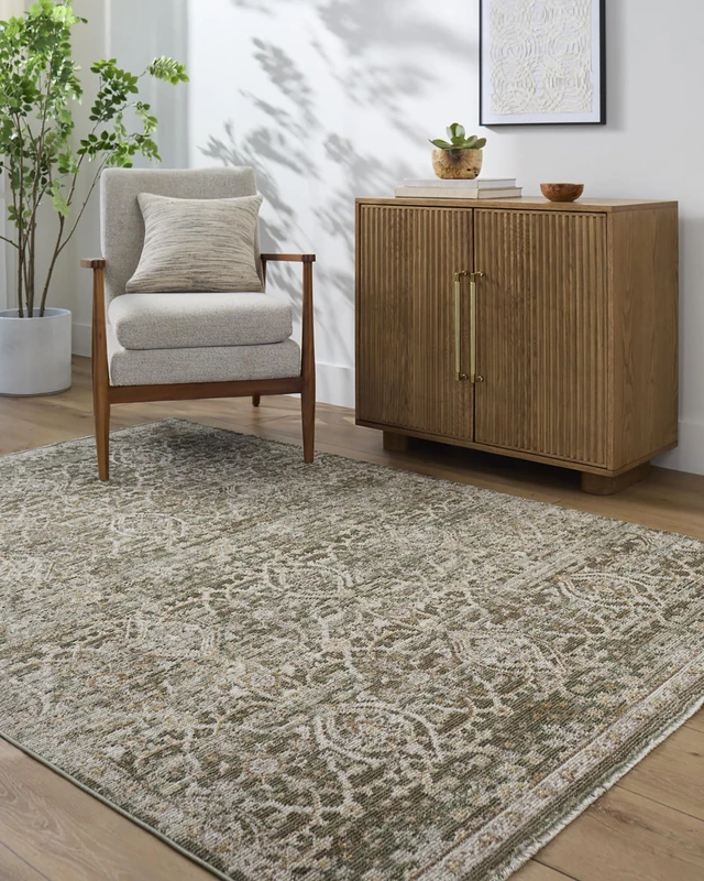 Livabliss x Galey Alix Vintage Rug - Area Rugs for Living Room 120x170 cm, Bedroom - Scandi Neutral Rugs, Traditional Patterned Boho Style, Natural Easy Care Pile - Large Rug, Olive, Taupe, Brown