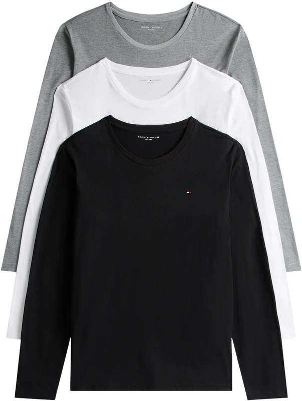 Tommy Hilfiger Men’s 3 Pack Round Neck Long Sleeve Tops, Multicolor (White/Black/Grey Heather), XS