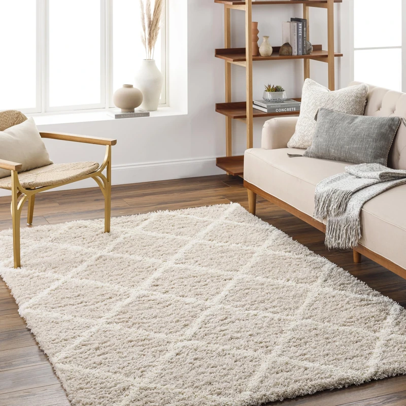 Livabliss Trakai Shaggy Rug - Modern Berber Rugs Living Room, Large 130x170 cm, Soft Shaggy Rugs for Bedroom - Neutral Boho Fluffy Rug, Easy Care Plush Thick Pile - Light Beige and White