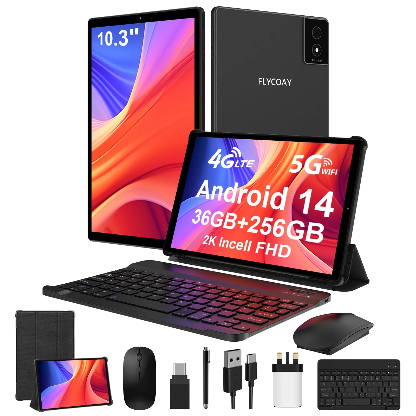 FLYCOAY 2K FHD Tablet 10,3 Inch Android 14,Octa-Core 2.0 GHz, 4G LTE+5G WiFi, 36GB RAM+256GB ROM (2TB TF), 8000mAh,13MP+8MP, GPS/BT5.0, Tablet with Keyboard, Mouse, Metal Body(Black)