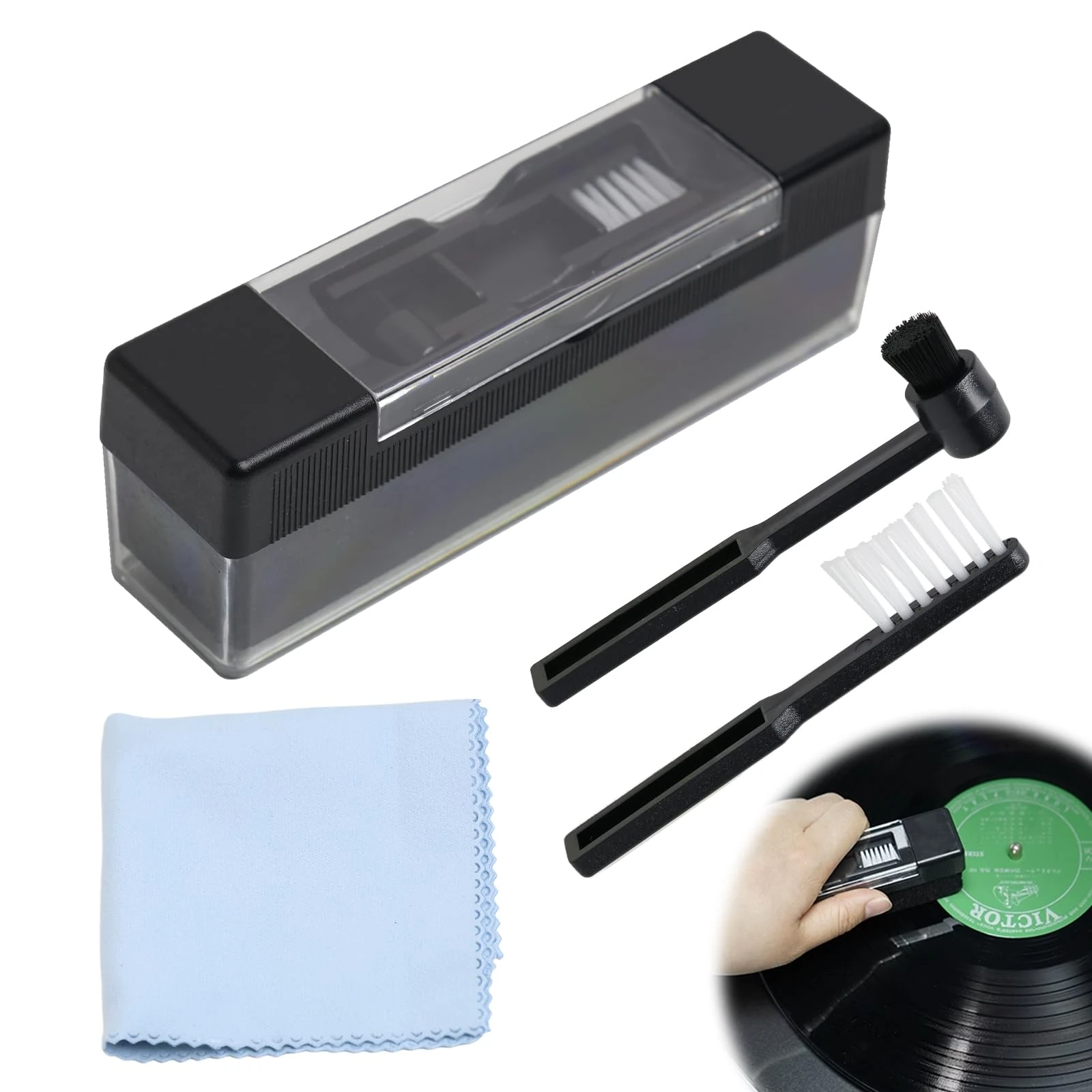 Vinyl Record Cleaning Kit 4-in-1 with Soft Velvet Record Brush Carbon Fibre Tylus Brush and Cleaning Cloth Anti-Static Vinyl Cleaning Kit for DVD LP CD Remove Dust Dirt Fingerprints and Other