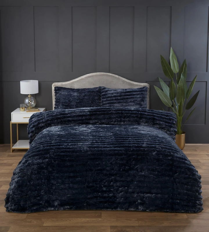 Rapport home Chunky Ribbed Premium Luxury Faux Rabbit Fur Duvet Cover Set Kingsize Charcoal Soft and Warm Fluffy Bedding Set